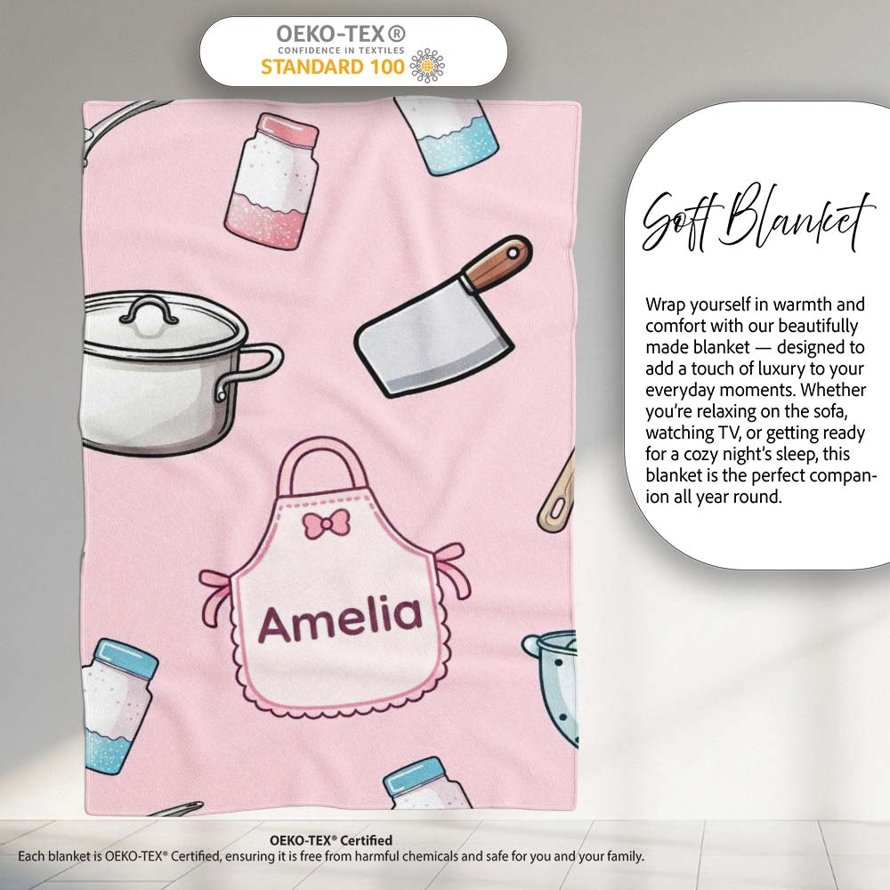 Cute Utensils Apron Cooking Pink Seamless Pattern Name Personalised Custom Name Super Soft Fleece Blanket Bed Sofa Throw