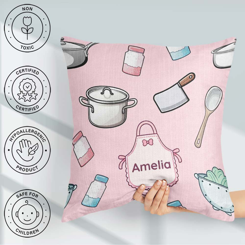 Custom Name Utensils Apron Cooking Pink Seamless Pattern Name Square Filled Cushion Throw Pillow Sofa Bed Home Decor Zip Washable UK Made
