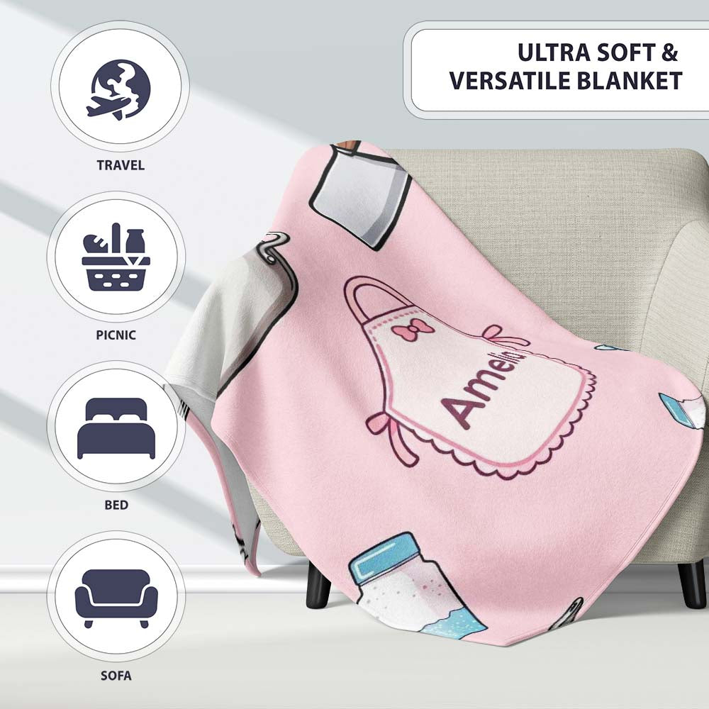 Cute Utensils Apron Cooking Pink Seamless Pattern Name Personalised Custom Name Super Soft Fleece Blanket Bed Sofa Throw