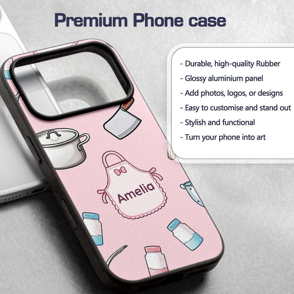 Cute Utensils Apron Cooking Pink Seamless Pattern Custom Name Protective Phone Case Mobile Cover Durable Everyday Smartphone Shock Resistant