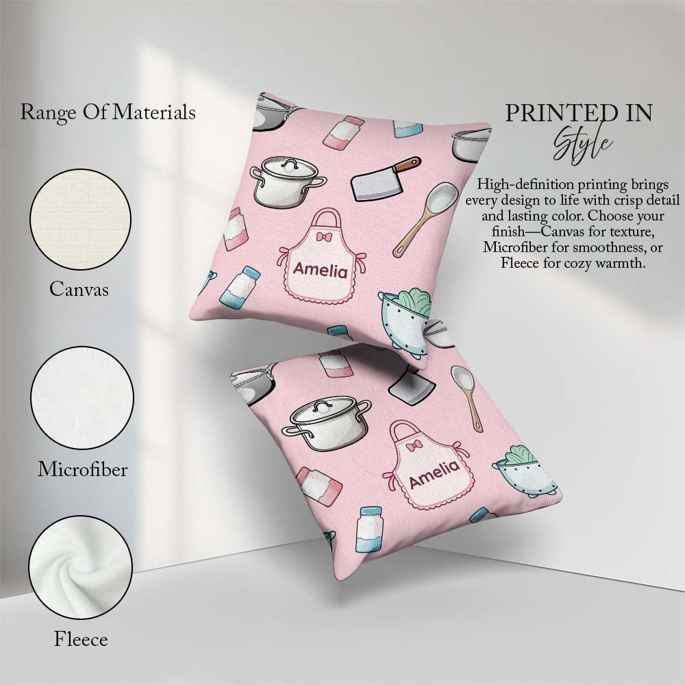 Custom Name Utensils Apron Cooking Pink Seamless Pattern Name Square Filled Cushion Throw Pillow Sofa Bed Home Decor Zip Washable UK Made
