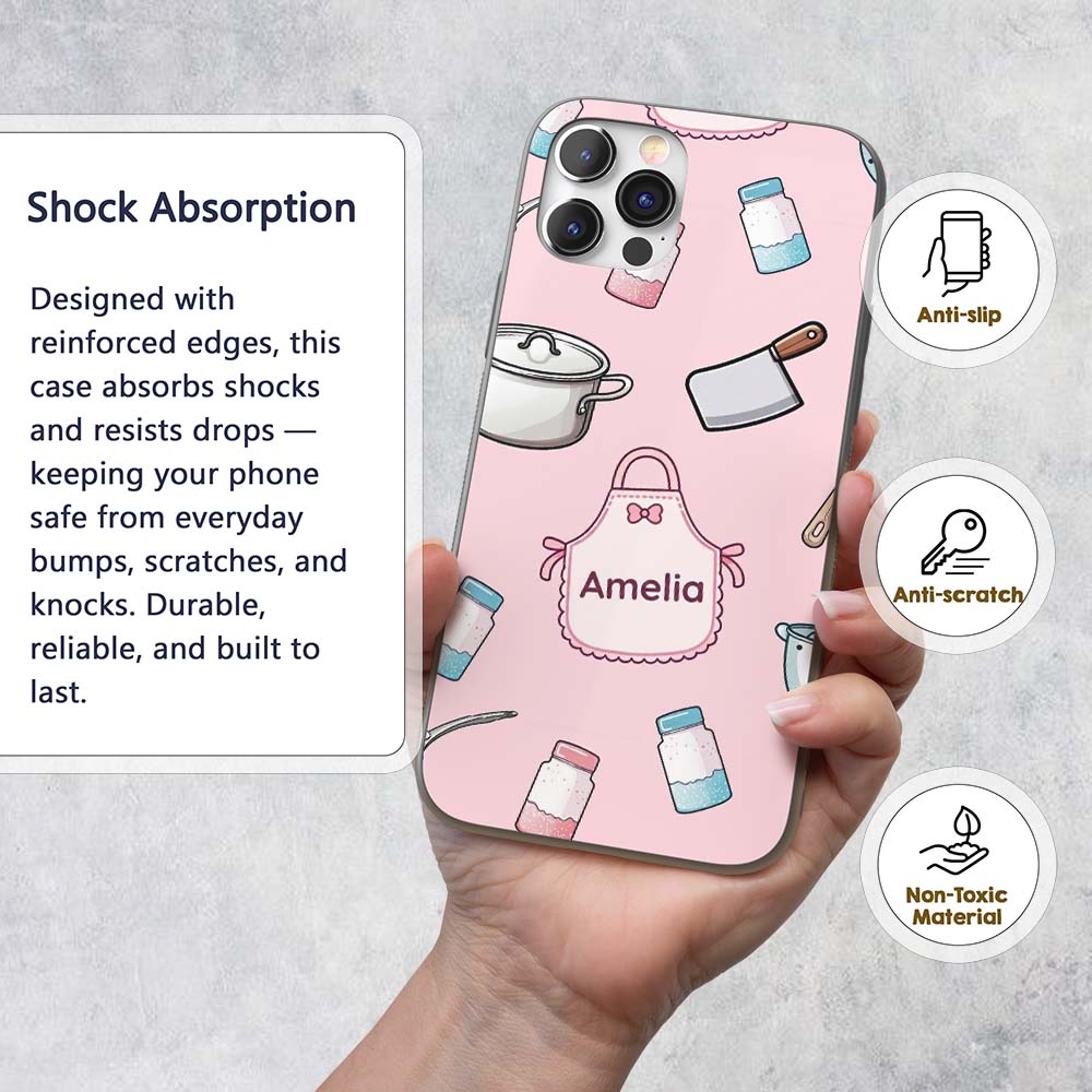 Cute Utensils Apron Cooking Pink Seamless Pattern Custom Name Protective Phone Case Mobile Cover Durable Everyday Smartphone Shock Resistant