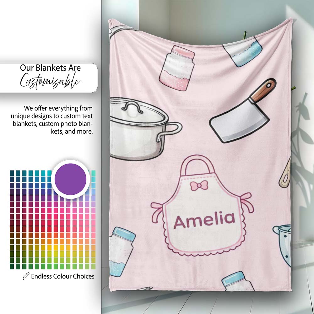 Cute Utensils Apron Cooking Pink Seamless Pattern Name Personalised Custom Name Super Soft Fleece Blanket Bed Sofa Throw