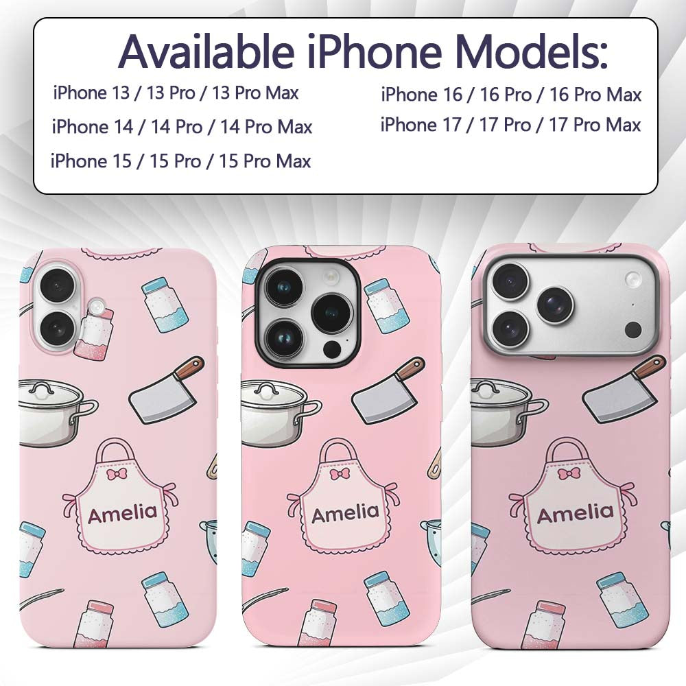 Cute Utensils Apron Cooking Pink Seamless Pattern Custom Name Protective Phone Case Mobile Cover Durable Everyday Smartphone Shock Resistant