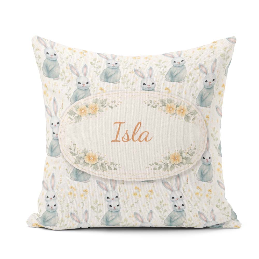 Custom Name Blue Cute Bunny Botanical Seamless Pattern Gift Idea Square Filled Cushion Throw Pillow Sofa Bed Home Decor Zip Washable UK Made