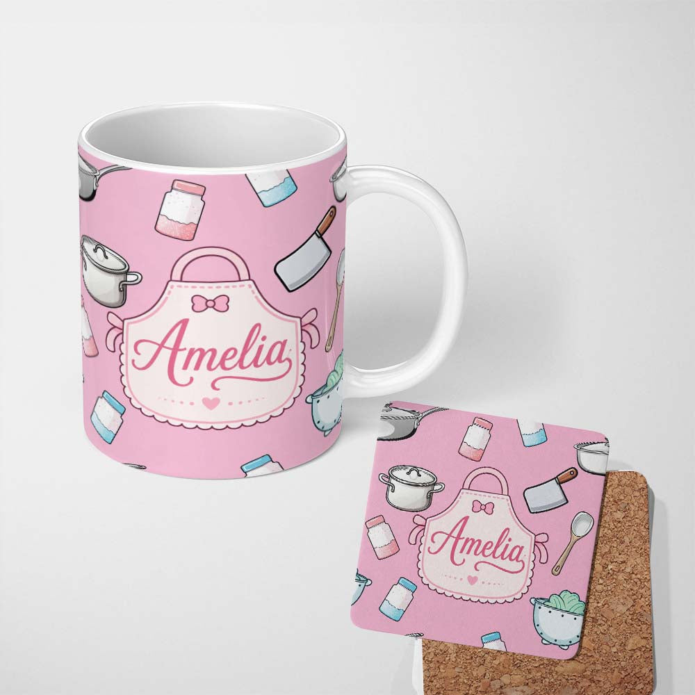 Personalized Custom Name Cute Kitchen Utensils Apron Cooking Soft Pink Seamless Pattern 11oz Ceramic Coffee Tea Mug White Large Handle