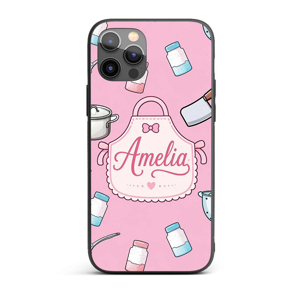 Cute Utensils Apron Cooking Soft Pink Seamless Custom Name Protective Phone Case Mobile Cover Durable Everyday Smartphone Shock Resistant