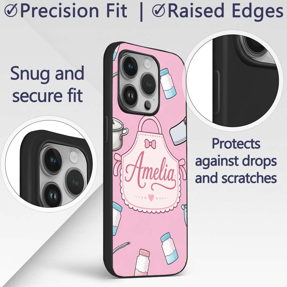 Cute Utensils Apron Cooking Soft Pink Seamless Custom Name Protective Phone Case Mobile Cover Durable Everyday Smartphone Shock Resistant