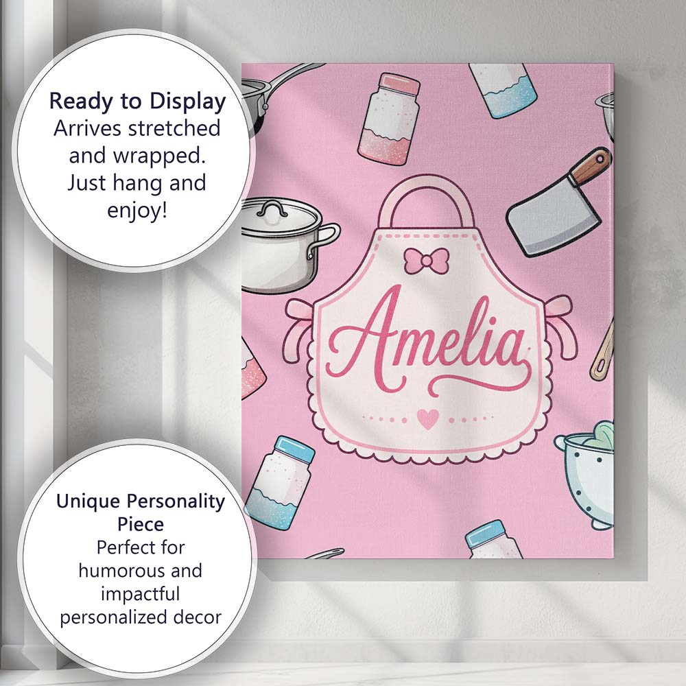 Personalised Name Cute Utensils Apron Custom Modern Room Accent Creative Decorator Style Canvas Wall Art Print Decor Picture Ready to Hang