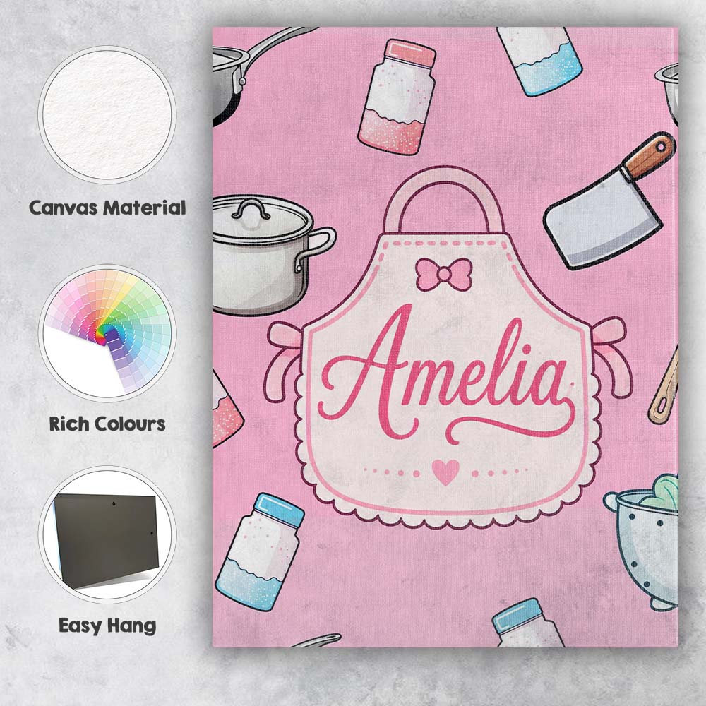 Personalised Name Cute Utensils Apron Custom Modern Room Accent Creative Decorator Style Canvas Wall Art Print Decor Picture Ready to Hang