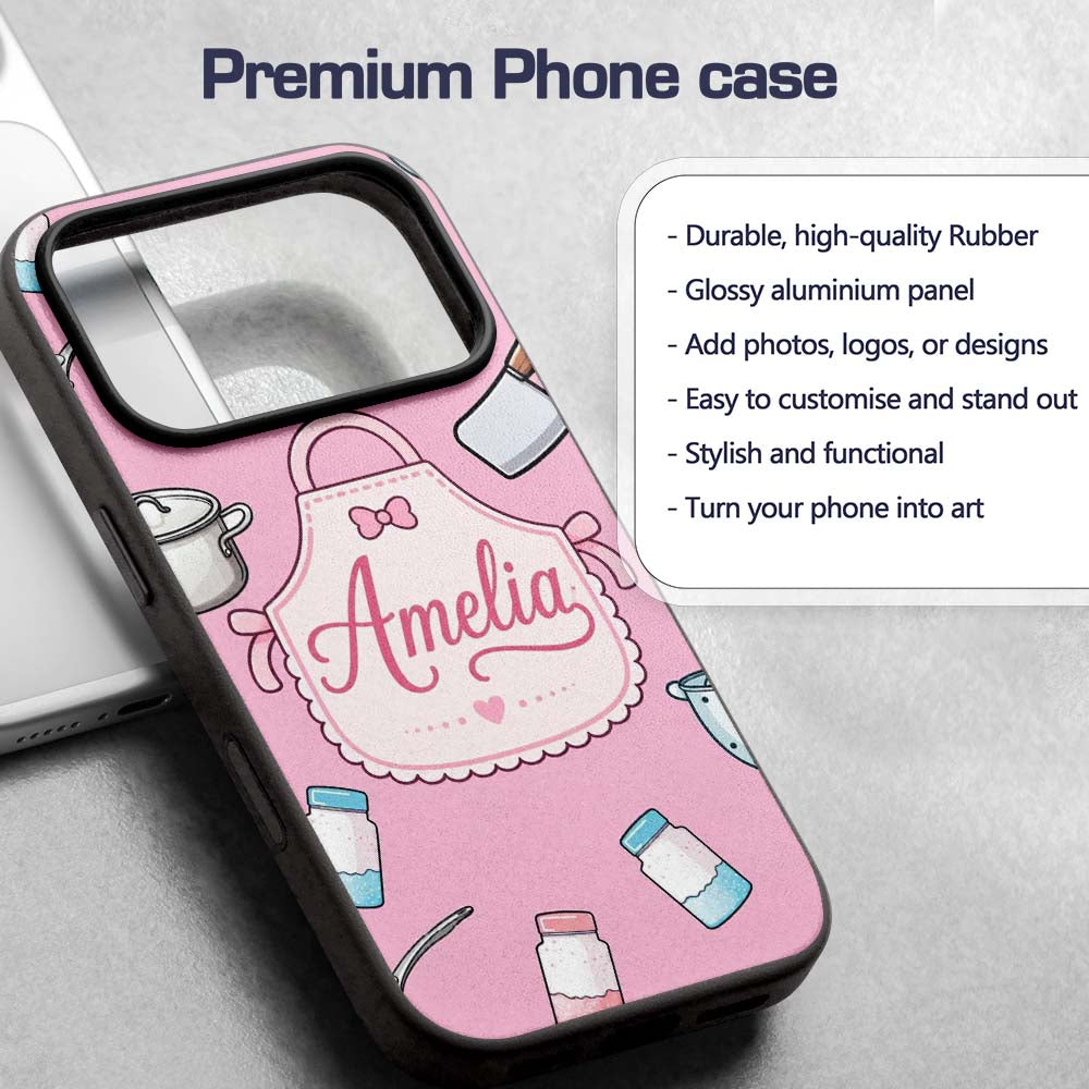 Cute Utensils Apron Cooking Soft Pink Seamless Custom Name Protective Phone Case Mobile Cover Durable Everyday Smartphone Shock Resistant