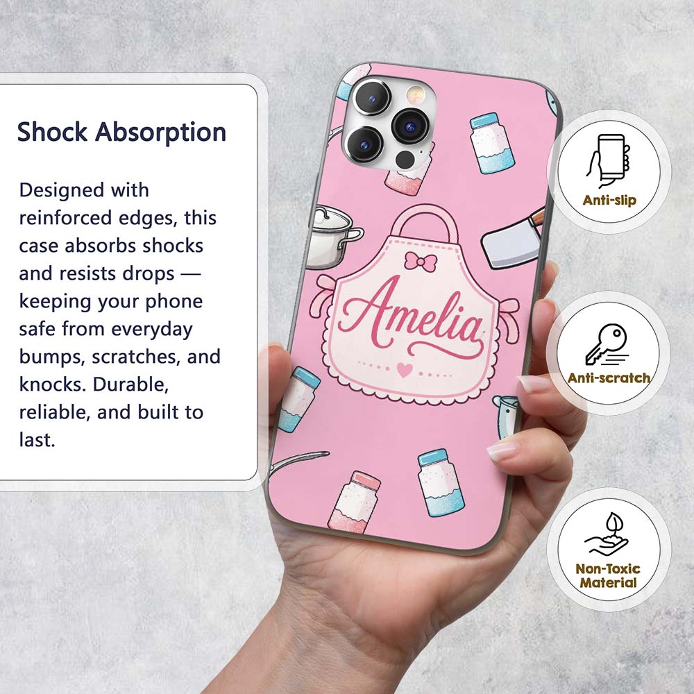 Cute Utensils Apron Cooking Soft Pink Seamless Custom Name Protective Phone Case Mobile Cover Durable Everyday Smartphone Shock Resistant