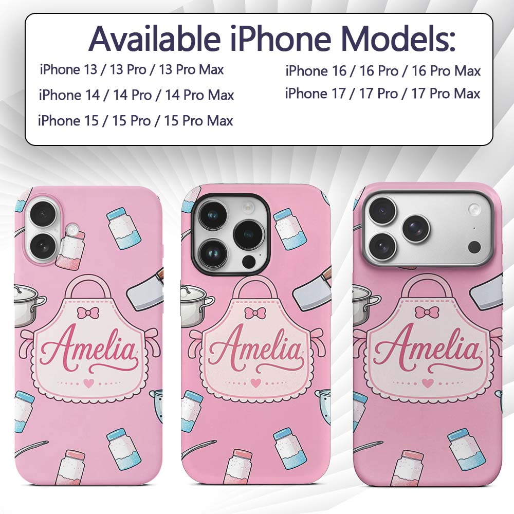 Cute Utensils Apron Cooking Soft Pink Seamless Custom Name Protective Phone Case Mobile Cover Durable Everyday Smartphone Shock Resistant