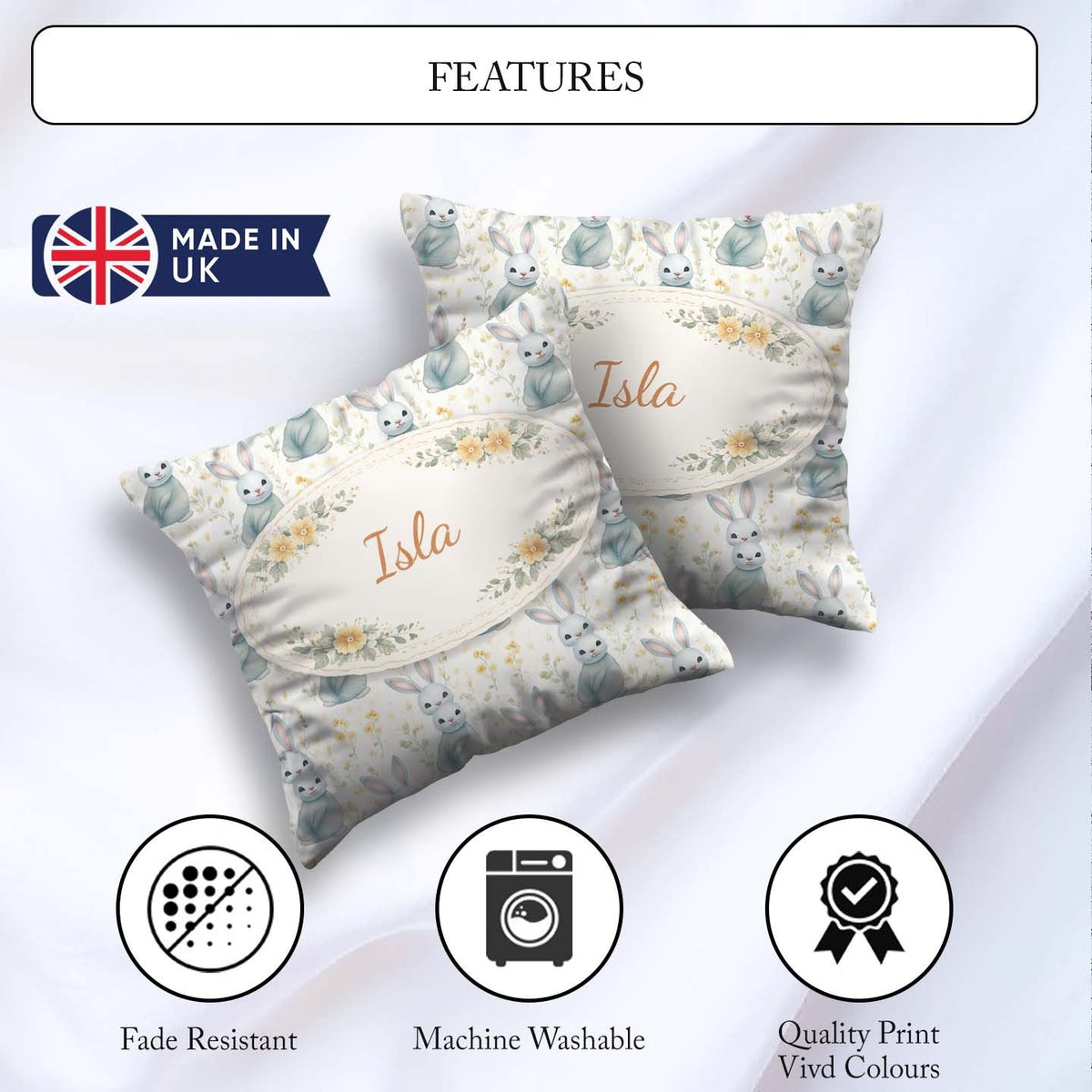 Custom Name Blue Cute Bunny Botanical Seamless Pattern Gift Idea Square Filled Cushion Throw Pillow Sofa Bed Home Decor Zip Washable UK Made