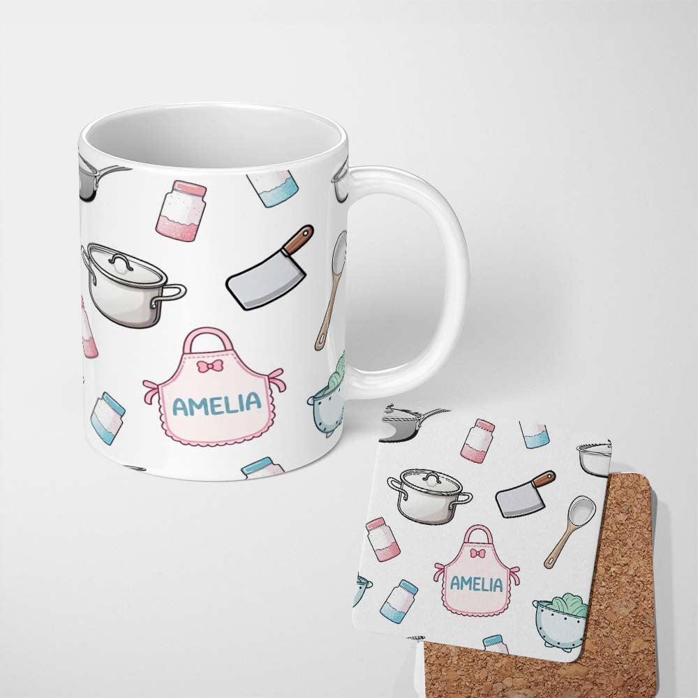 Personalized Custom Name Cute Kitchen Utensils Apron Cooking Light Grey Seamless Pattern Name 11oz Ceramic Coffee Tea Mug White Large Handle