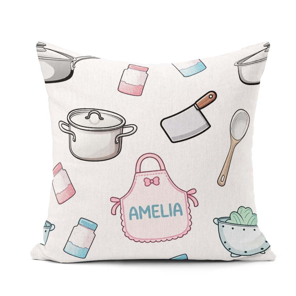 Custom Name Cute Utensils Apron Cooking Light Grey Seamless Name Square Filled Cushion Throw Pillow Sofa Bed Home Decor Zip Washable UK Made