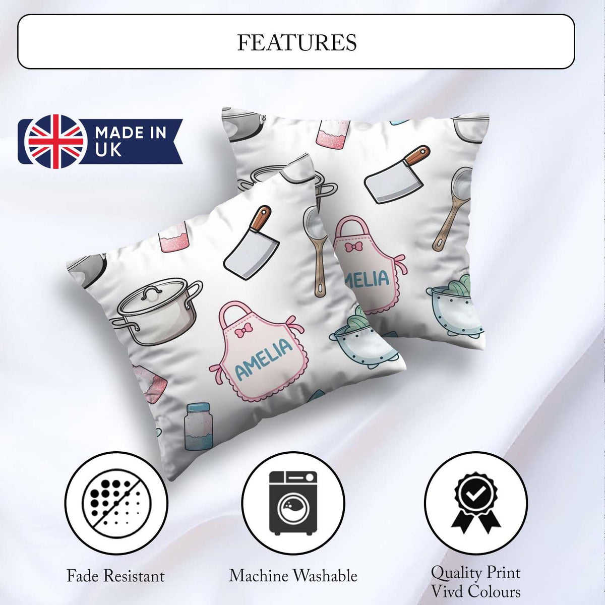Custom Name Cute Utensils Apron Cooking Light Grey Seamless Name Square Filled Cushion Throw Pillow Sofa Bed Home Decor Zip Washable UK Made