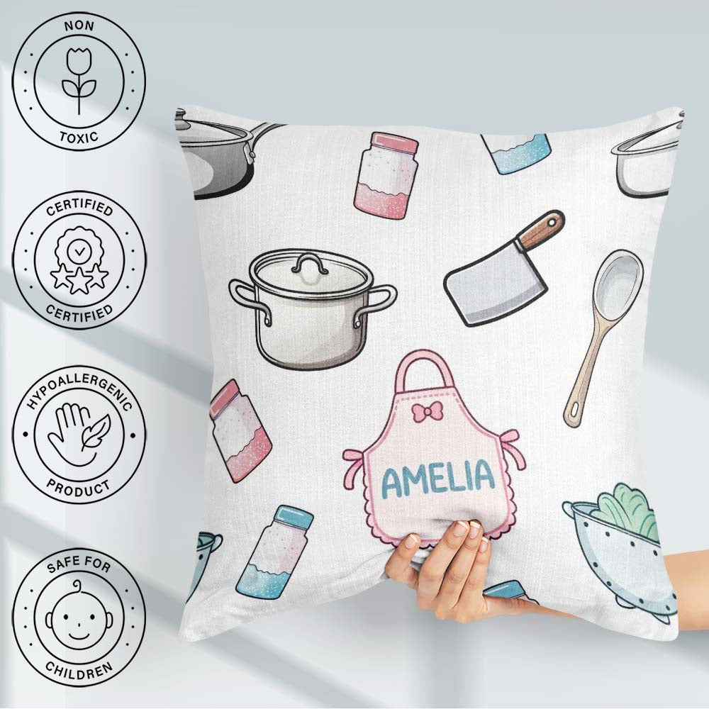Custom Name Cute Utensils Apron Cooking Light Grey Seamless Name Square Filled Cushion Throw Pillow Sofa Bed Home Decor Zip Washable UK Made
