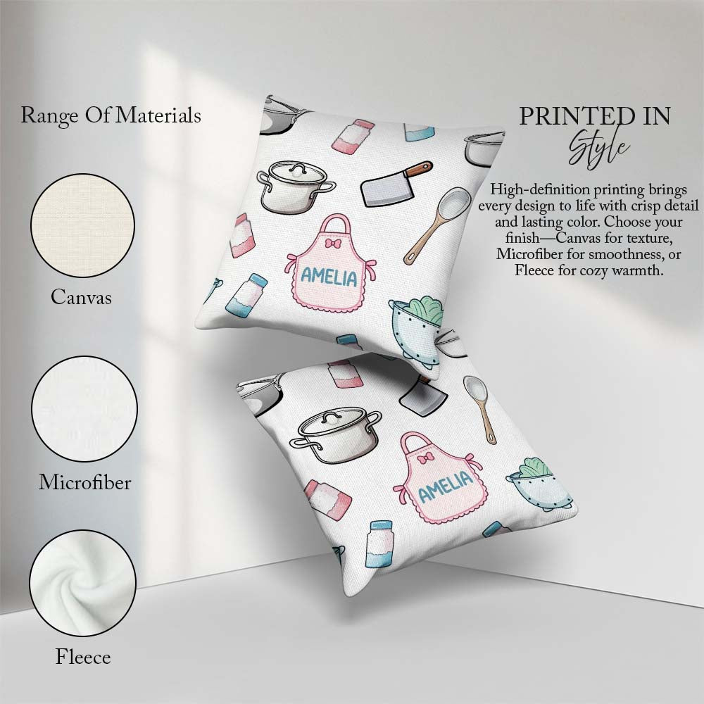Custom Name Cute Utensils Apron Cooking Light Grey Seamless Name Square Filled Cushion Throw Pillow Sofa Bed Home Decor Zip Washable UK Made