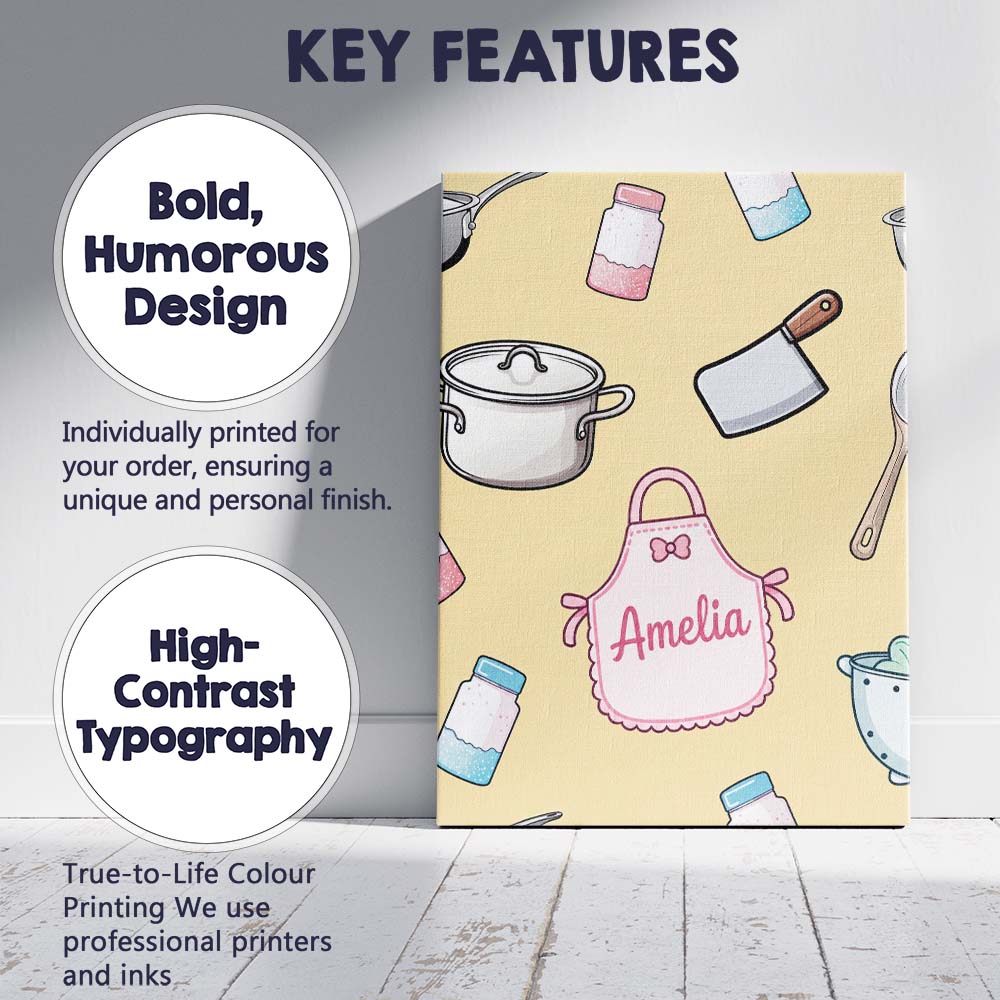 Personalised Name Cute Utensils Apron Custom Modern Room Accent Creative Decorator Style Canvas Wall Art Print Decor Picture Ready to Hang