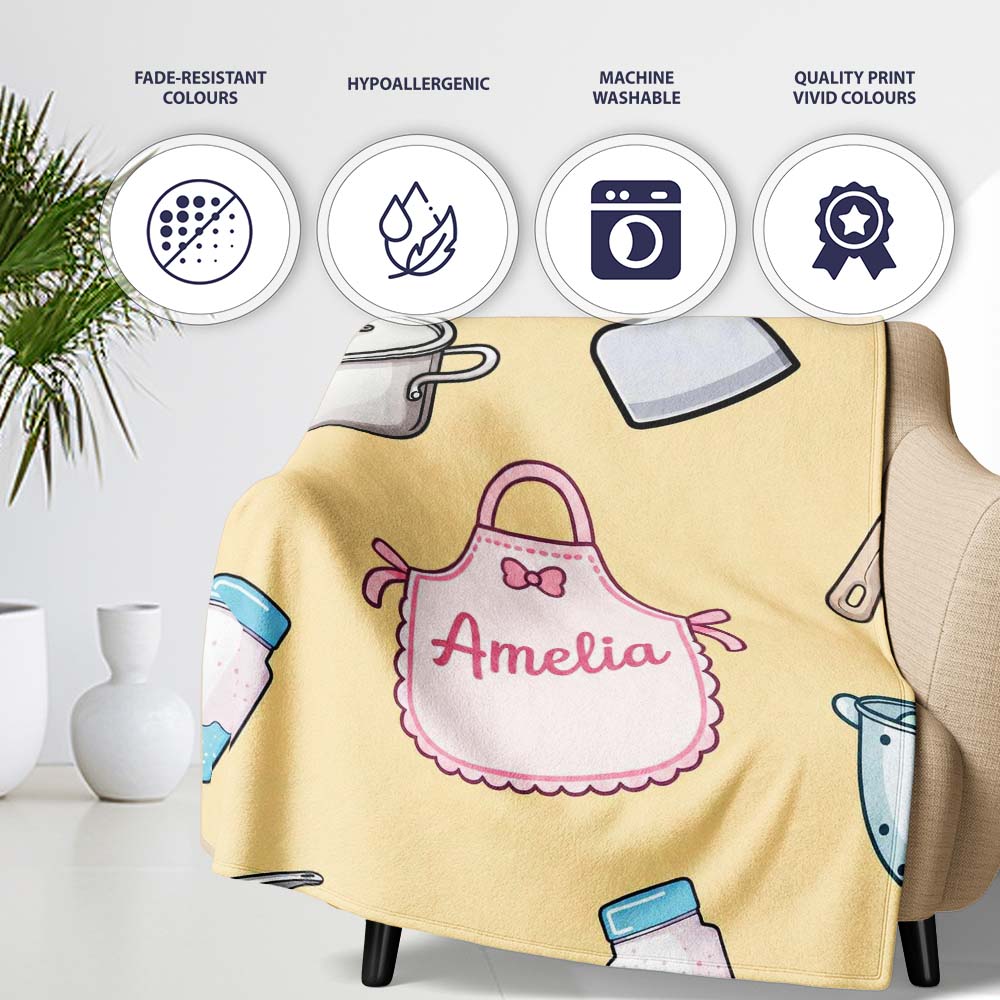 Cute Utensils Apron Cooking Yellow Seamless Pattern Name Personalised Custom Name Super Soft Fleece Blanket Bed Sofa Throw