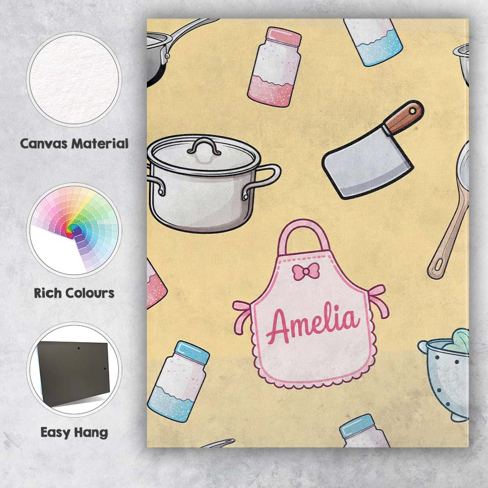 Personalised Name Cute Utensils Apron Custom Modern Room Accent Creative Decorator Style Canvas Wall Art Print Decor Picture Ready to Hang