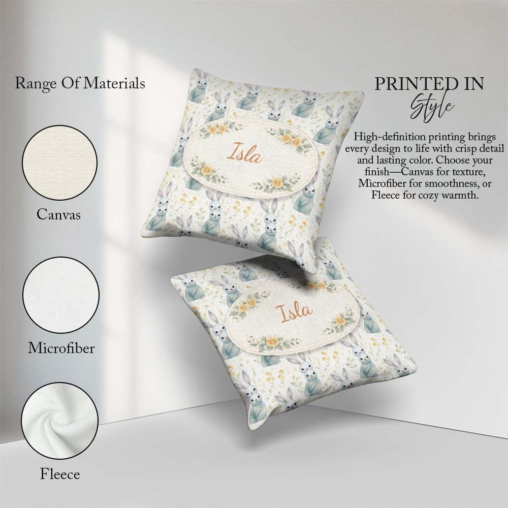 Custom Name Blue Cute Bunny Botanical Seamless Pattern Gift Idea Square Filled Cushion Throw Pillow Sofa Bed Home Decor Zip Washable UK Made