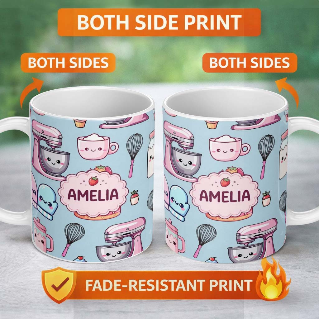 Personalized Custom Name Cute Kawaii Baking Cake Mixer Dessert Seamless Pattern Name Unique 11oz Ceramic Coffee Tea Mug White Large Handle