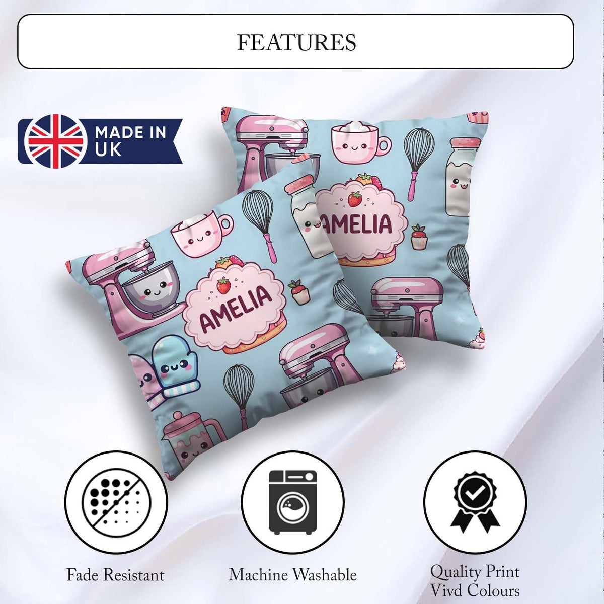 Custom Name Cute Kawaii Cake Mixer Dessert Seamless Pattern Name Square Filled Cushion Throw Pillow Sofa Bed Home Decor Zip Washable UK Made