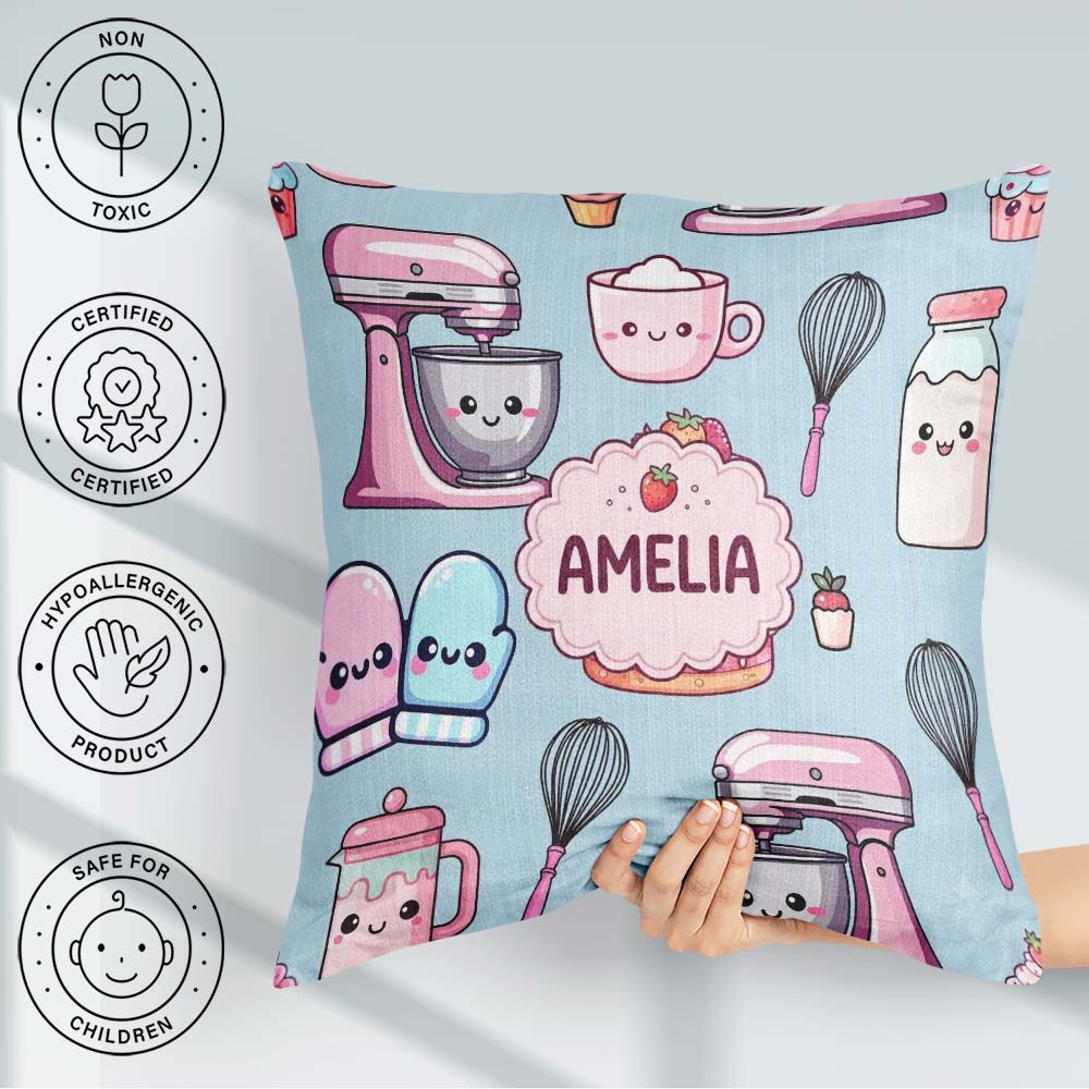 Custom Name Cute Kawaii Cake Mixer Dessert Seamless Pattern Name Square Filled Cushion Throw Pillow Sofa Bed Home Decor Zip Washable UK Made