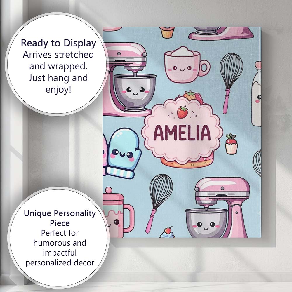 Personalised Name Cute Kawaii Baking Cake Custom Unique Gift Idea Elegant Feature Canvas Wall Art Print Decor Picture Ready to Hang