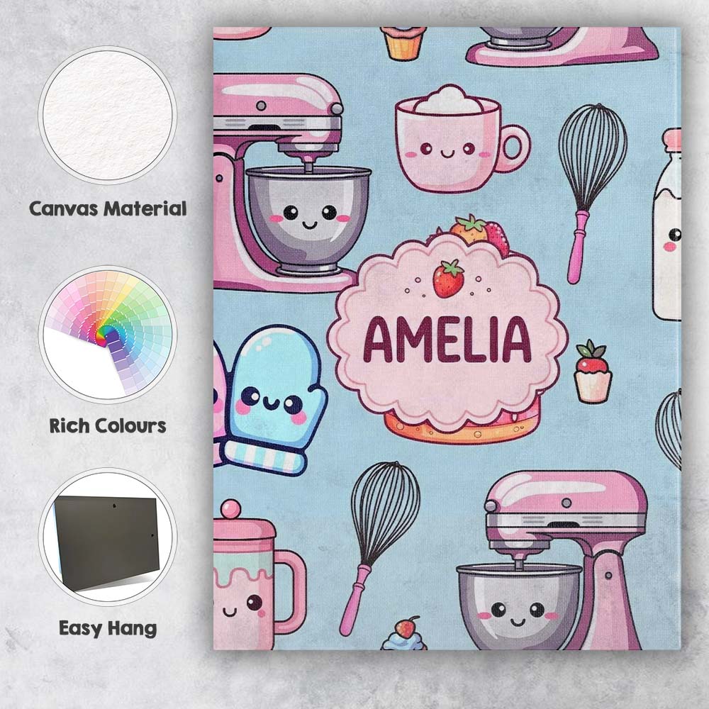 Personalised Name Cute Kawaii Baking Cake Custom Unique Gift Idea Elegant Feature Canvas Wall Art Print Decor Picture Ready to Hang