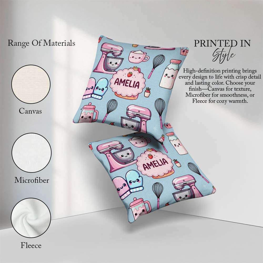 Custom Name Cute Kawaii Cake Mixer Dessert Seamless Pattern Name Square Filled Cushion Throw Pillow Sofa Bed Home Decor Zip Washable UK Made