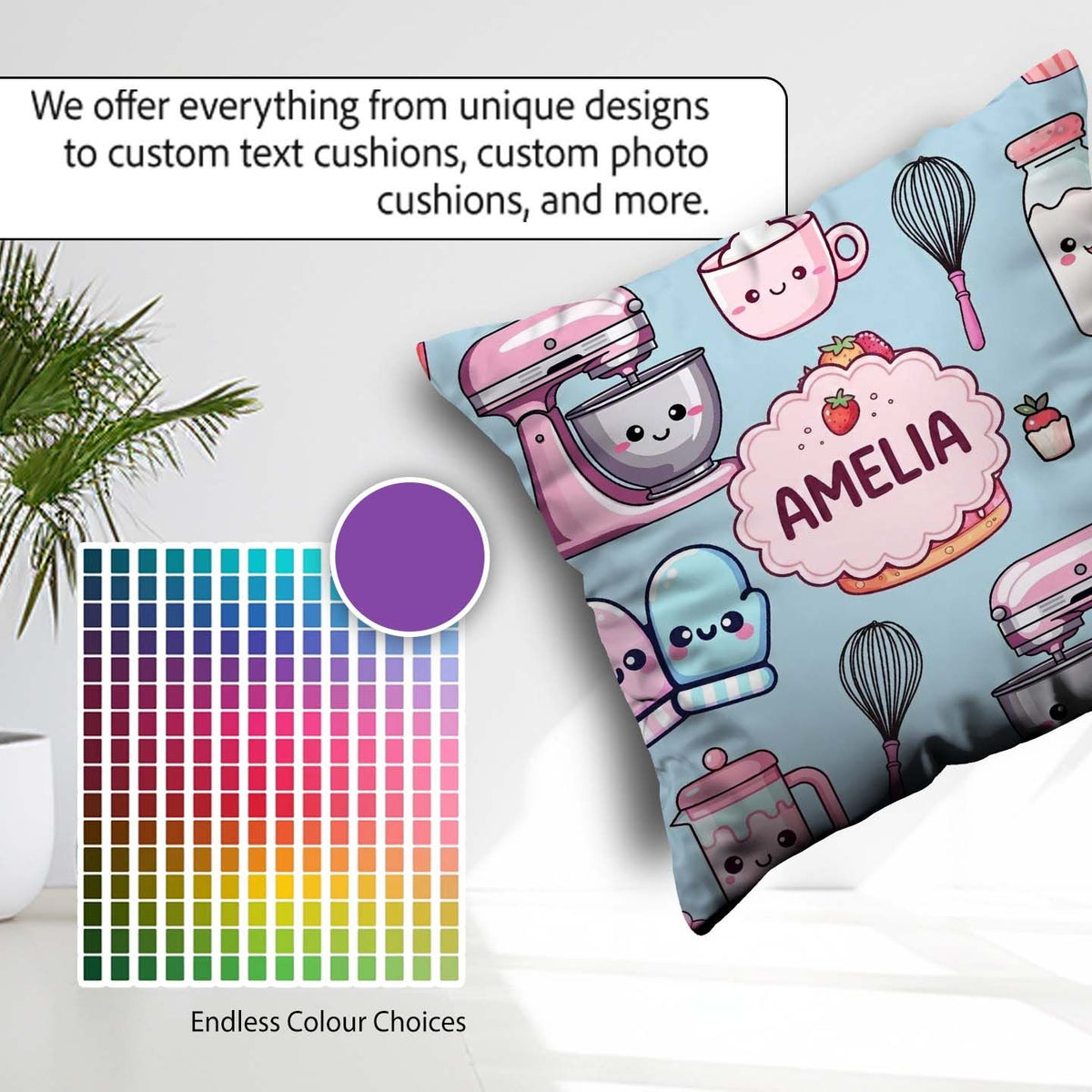 Custom Name Cute Kawaii Cake Mixer Dessert Seamless Pattern Name Square Filled Cushion Throw Pillow Sofa Bed Home Decor Zip Washable UK Made
