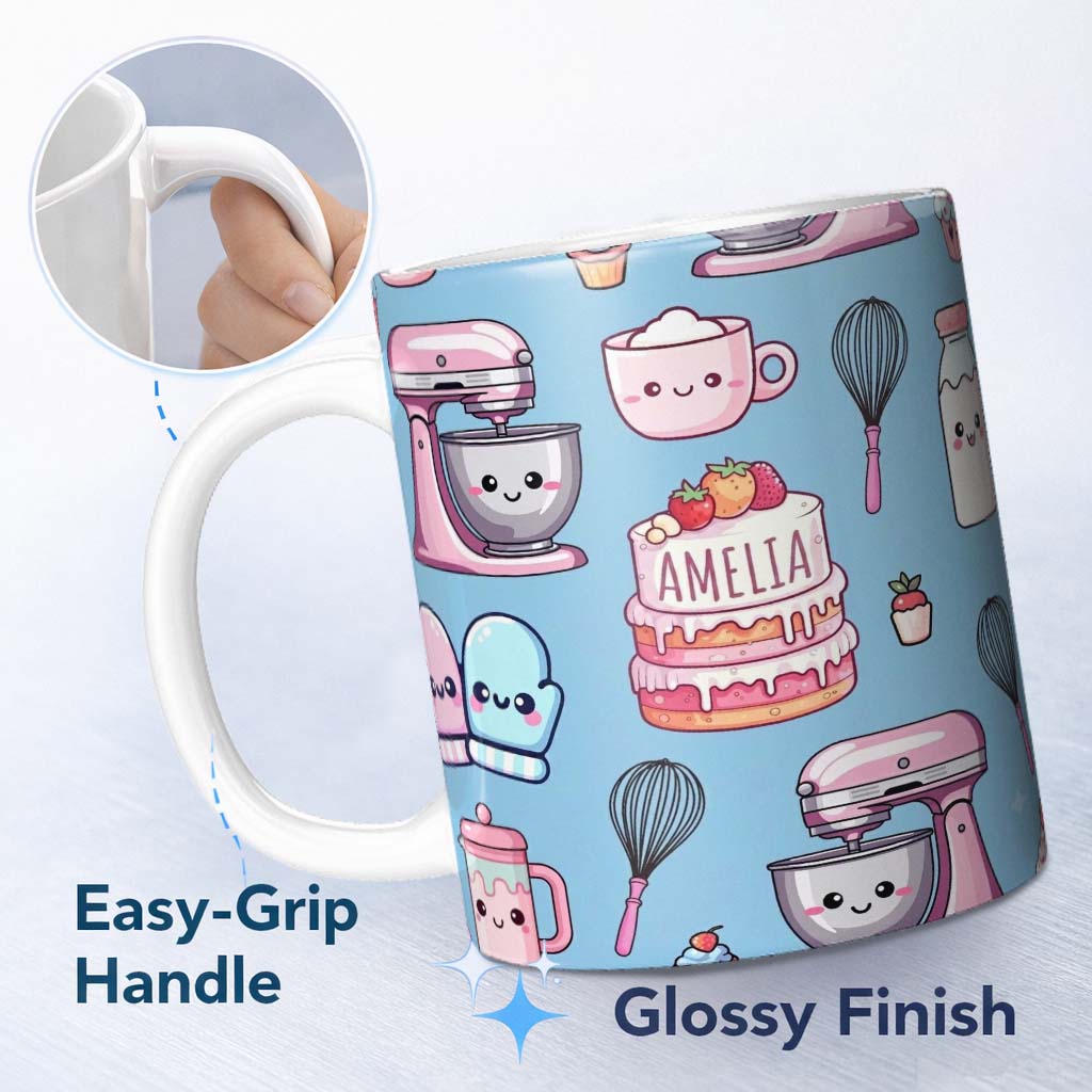 Personalized Custom Name Cute Kawaii Baking Cake Mixer Blue Seamless Pattern Name Unique Gift 11oz Ceramic Coffee Tea Mug White Large Handle