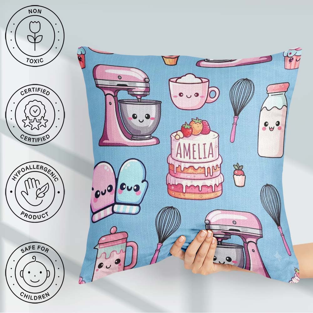 Custom Name Kawaii Baking Cake Mixer Blue Seamless Pattern Name Square Filled Cushion Throw Pillow Sofa Bed Home Decor Zip Washable UK Made