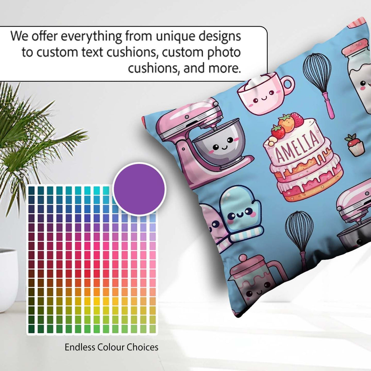 Custom Name Kawaii Baking Cake Mixer Blue Seamless Pattern Name Square Filled Cushion Throw Pillow Sofa Bed Home Decor Zip Washable UK Made