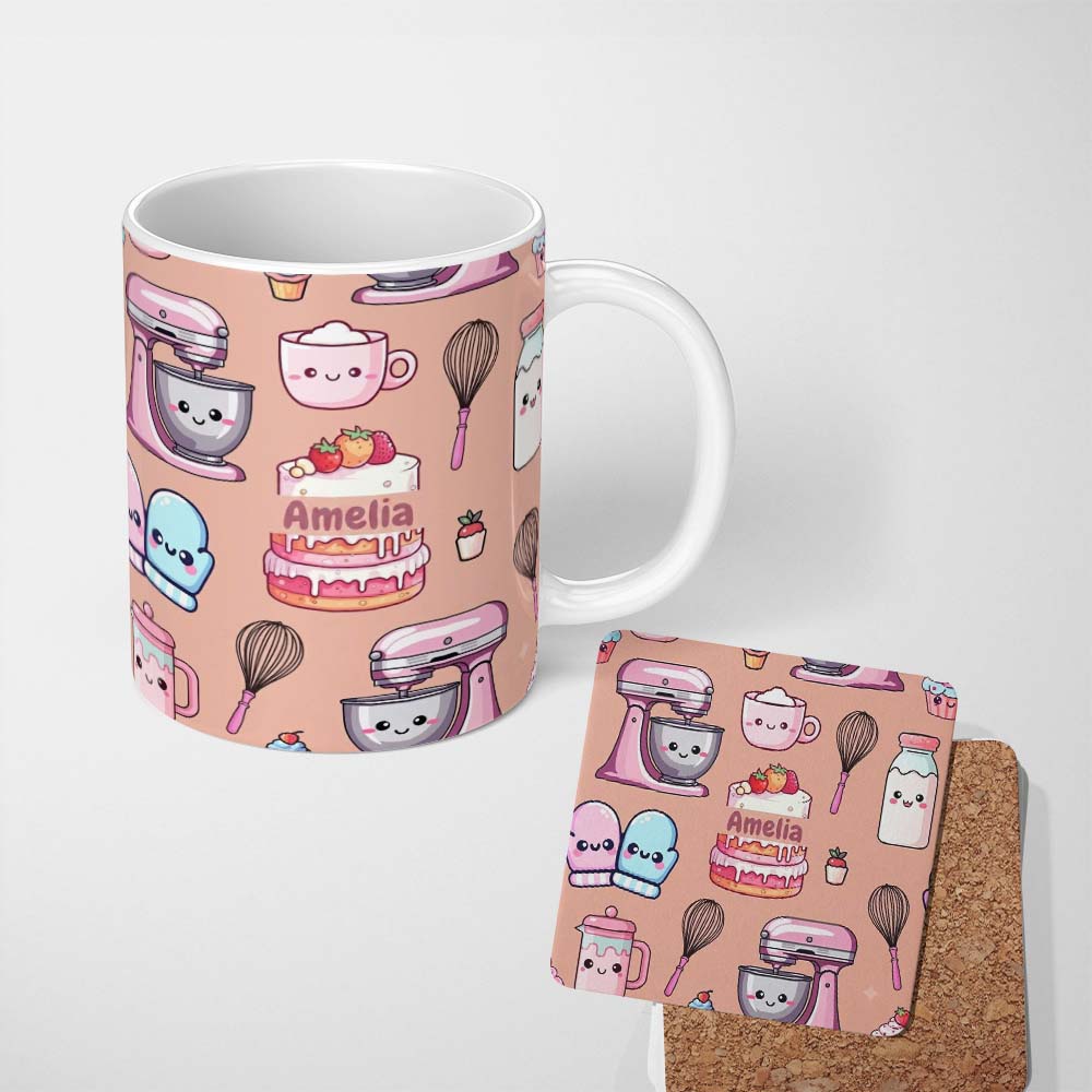 Personalized Custom Name Cute Kawaii Baking Cake Mixer Dessert Seamless Pattern Name Unique 11oz Ceramic Coffee Tea Mug White Large Handle