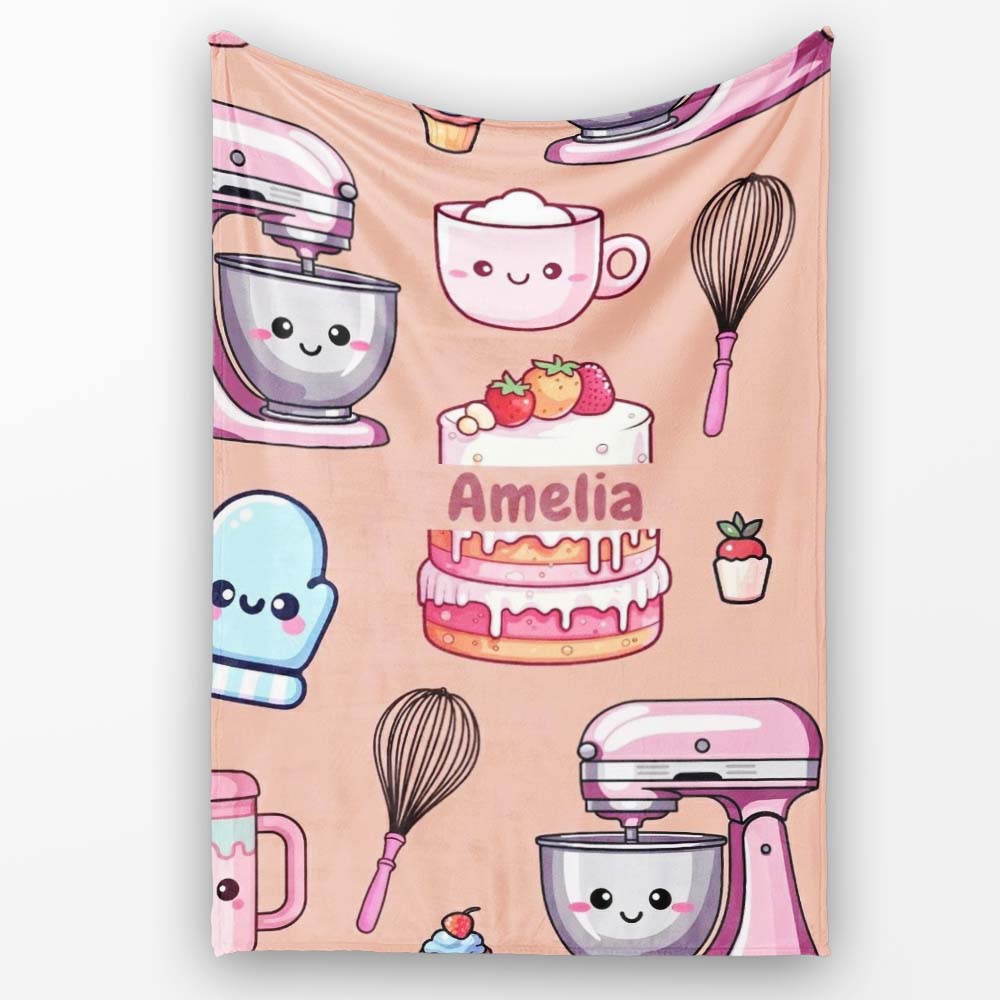 Cute Kawaii Baking Cake Mixer Dessert Seamless Pattern Name Unique Personalised Custom Name Super Soft Fleece Blanket Bed Sofa Throw