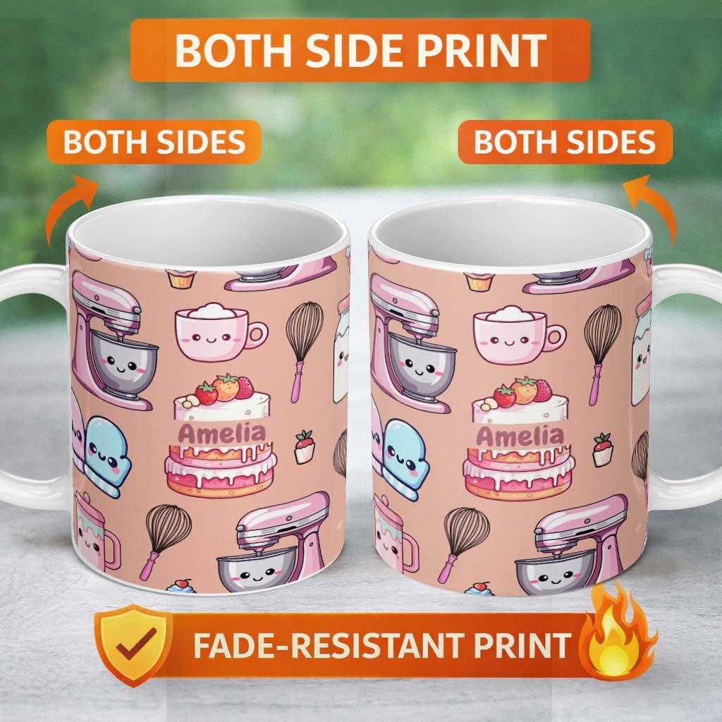 Personalized Custom Name Cute Kawaii Baking Cake Mixer Dessert Seamless Pattern Name Unique 11oz Ceramic Coffee Tea Mug White Large Handle