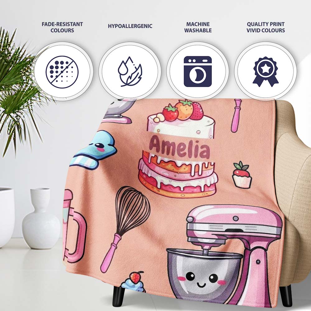 Cute Kawaii Baking Cake Mixer Dessert Seamless Pattern Name Unique Personalised Custom Name Super Soft Fleece Blanket Bed Sofa Throw