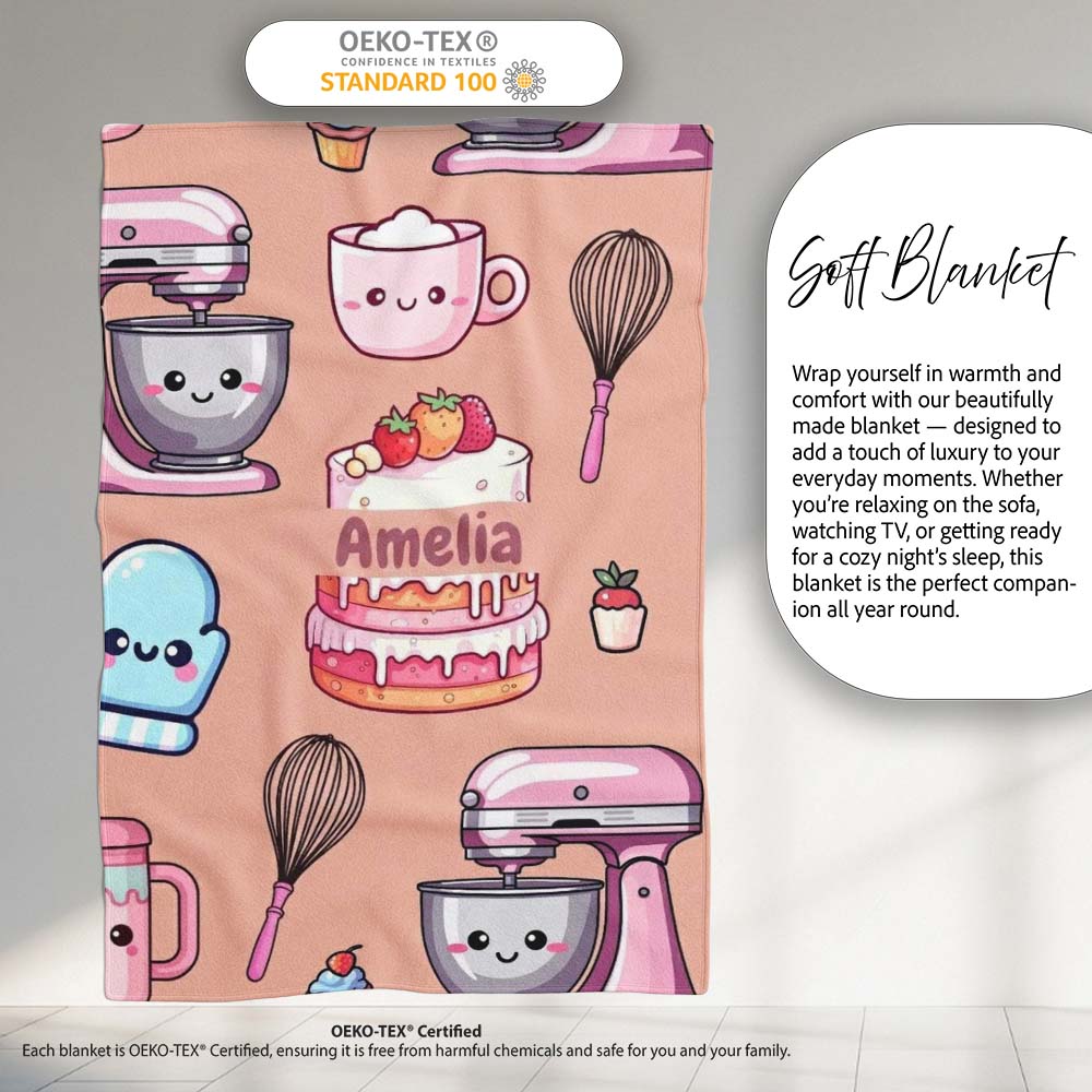 Cute Kawaii Baking Cake Mixer Dessert Seamless Pattern Name Unique Personalised Custom Name Super Soft Fleece Blanket Bed Sofa Throw