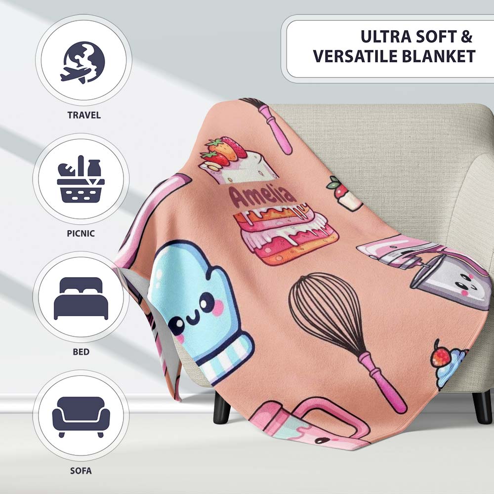 Cute Kawaii Baking Cake Mixer Dessert Seamless Pattern Name Unique Personalised Custom Name Super Soft Fleece Blanket Bed Sofa Throw