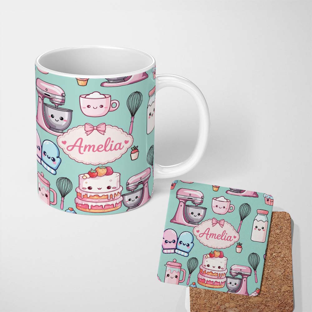 Personalized Custom Name Cute Kawaii Baking Cake Mixer Mint Seamless Pattern Name Unique Gift 11oz Ceramic Coffee Tea Mug White Large Handle