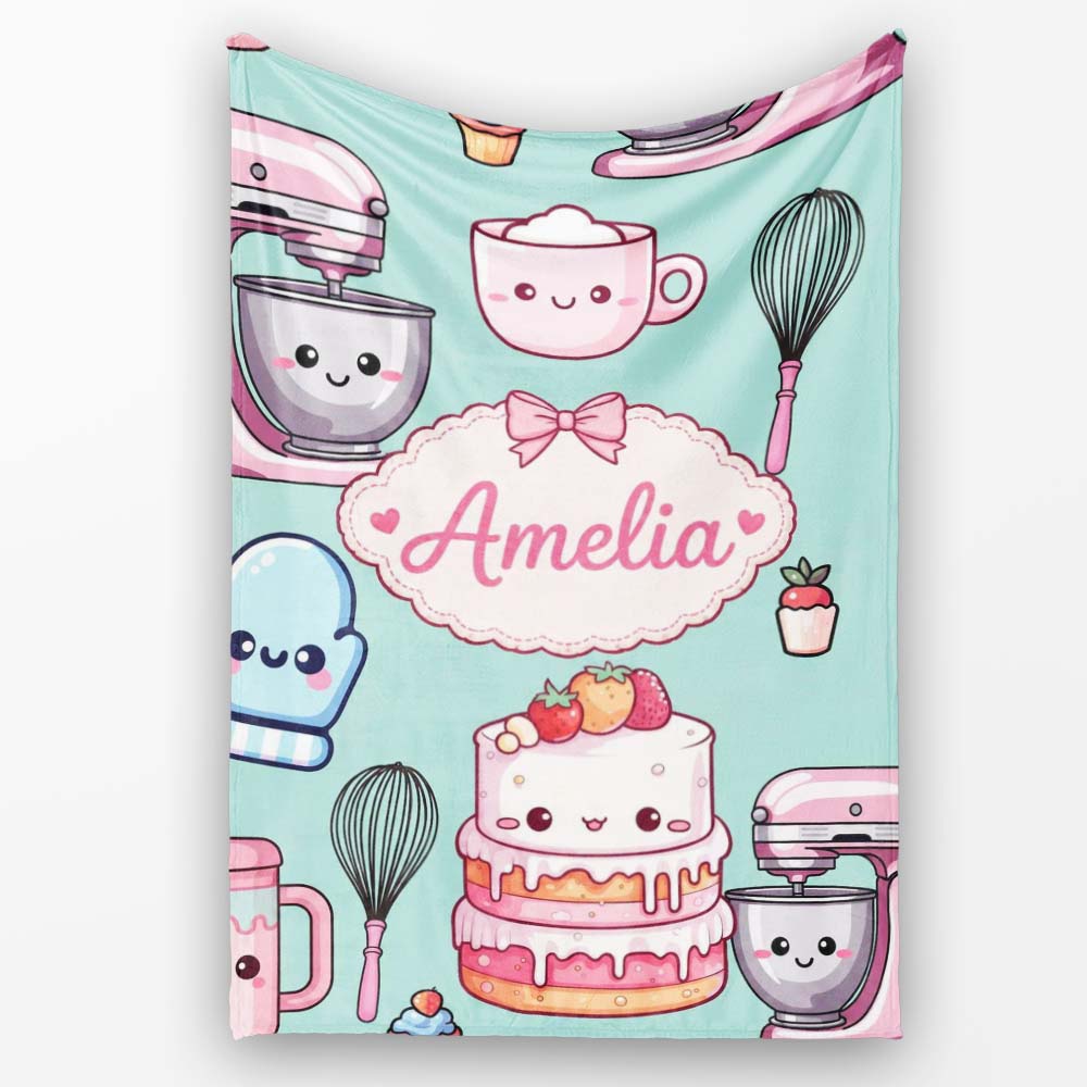 Cute Kawaii Baking Cake Mixer Mint Seamless Pattern Name Unique Gift Personalised Custom Name Super Soft Fleece Blanket Bed Sofa Throw