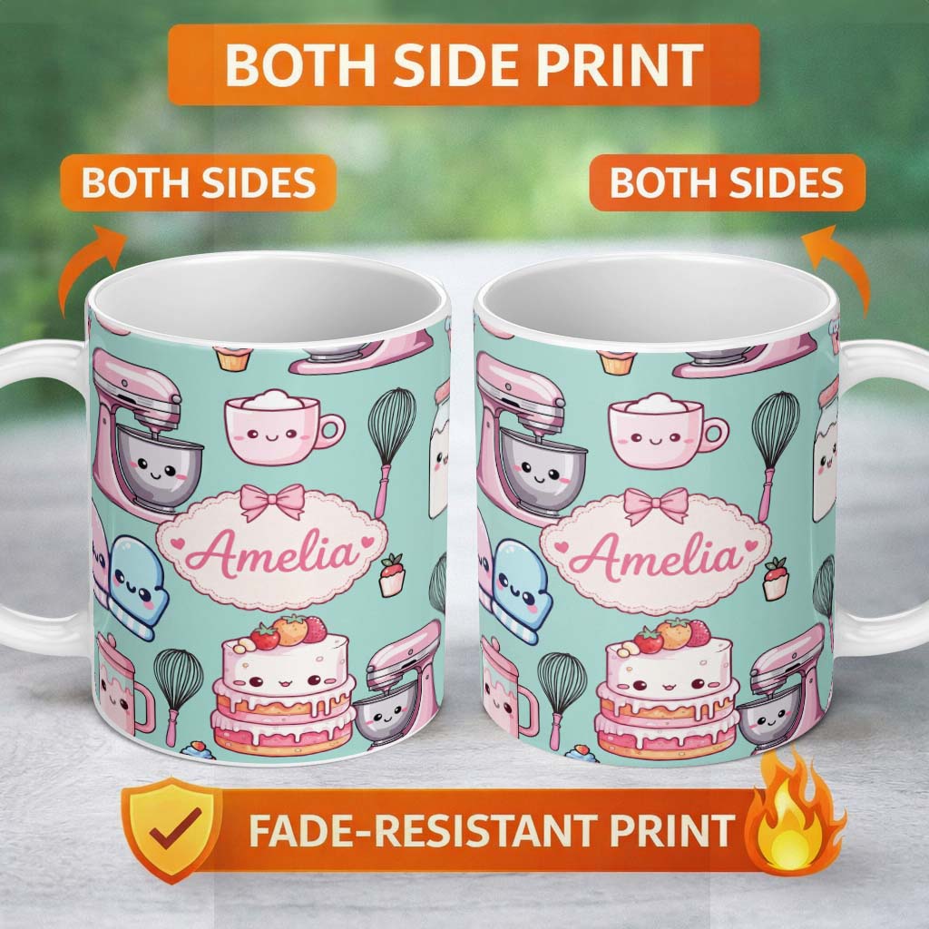 Personalized Custom Name Cute Kawaii Baking Cake Mixer Mint Seamless Pattern Name Unique Gift 11oz Ceramic Coffee Tea Mug White Large Handle