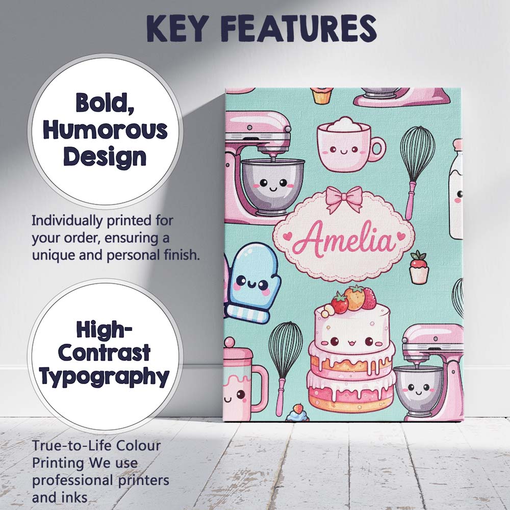 Personalised Name Cute Kawaii Baking Cake Custom Unique Gift Idea Elegant Feature Canvas Wall Art Print Decor Picture Ready to Hang