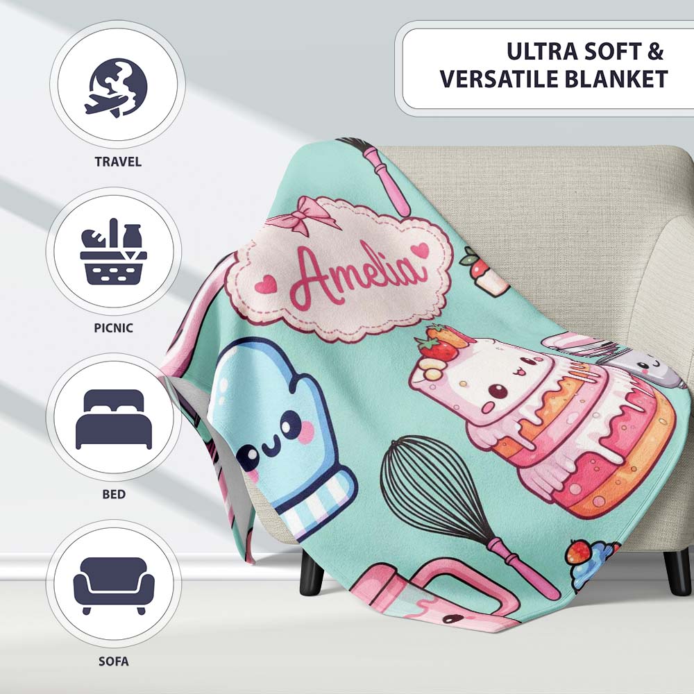 Cute Kawaii Baking Cake Mixer Mint Seamless Pattern Name Unique Gift Personalised Custom Name Super Soft Fleece Blanket Bed Sofa Throw