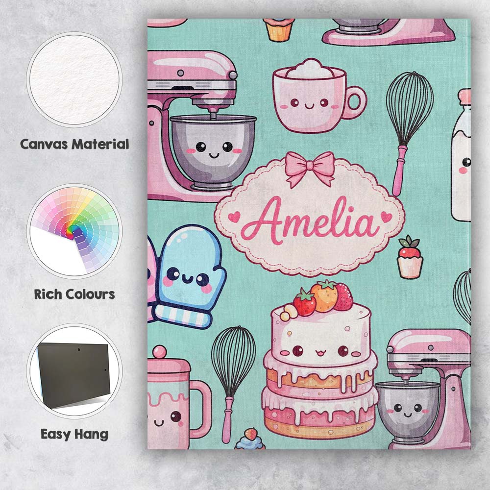 Personalised Name Cute Kawaii Baking Cake Custom Unique Gift Idea Elegant Feature Canvas Wall Art Print Decor Picture Ready to Hang