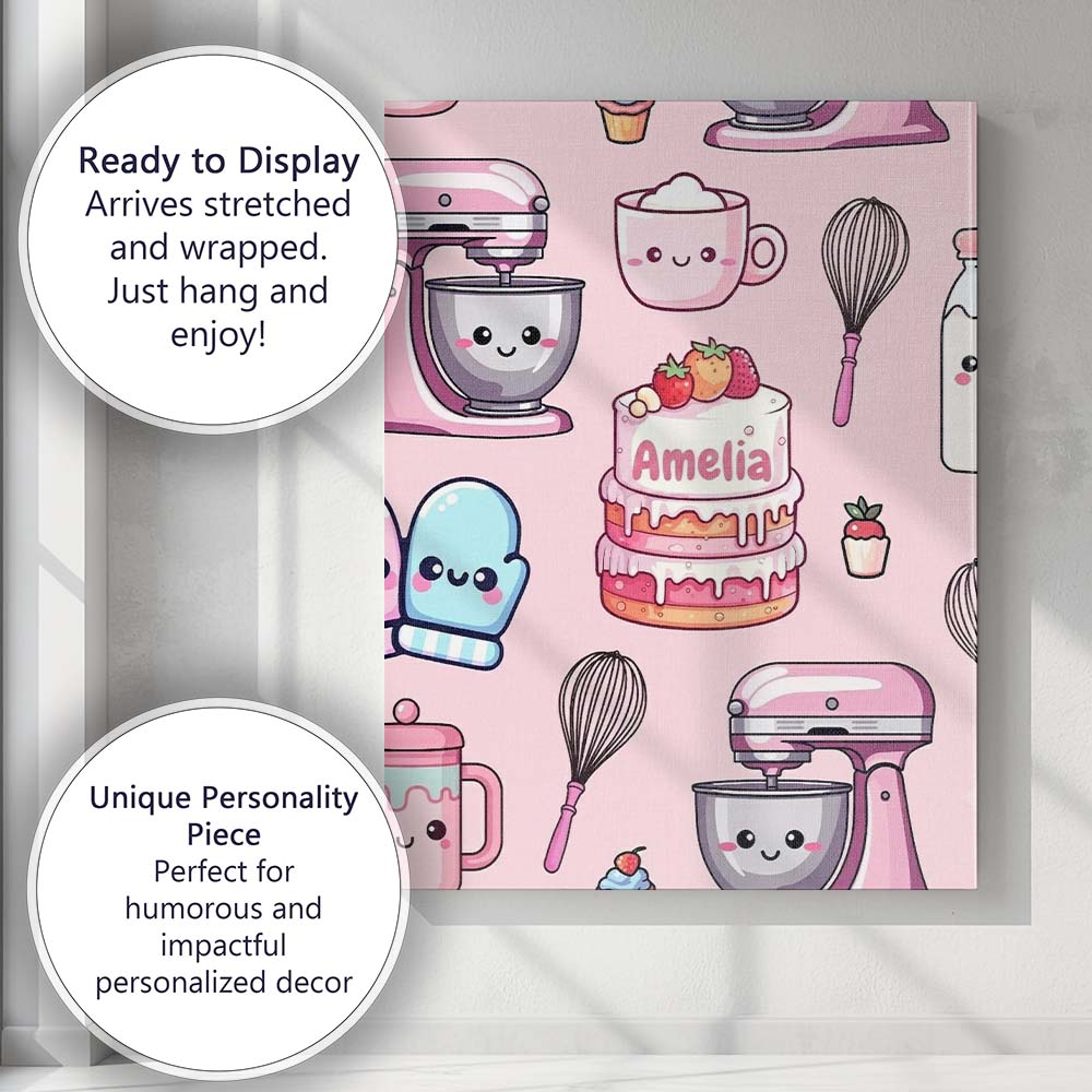 Personalised Name Cute Kawaii Baking Cake Custom Unique Gift Idea Elegant Feature Canvas Wall Art Print Decor Picture Ready to Hang